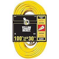2888 UL Listed 14/3 13 Amp Premium SJTW 100' (30.5M) Extension Cord with Grounded (3 prong) Lighted Receptacle End, 100 Foot, Yellow