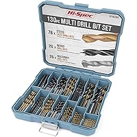 Hi-Spec 130pc Mixed Multi Drill Bit Set. 1 to 10mm HSS Titanium Coated, Masonry & Brad Point Steel Bits for Metal, Woods, Plastics, Brick and Concrete. Complete in a Box Case