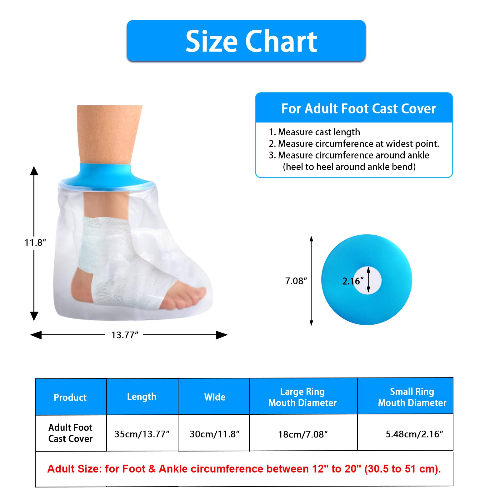 Cast Covers for Shower Adult Foot, Waterproof Foot Cast Wound Cover Protector for Shower Bath,Soft Comfortable Watertight Seal to Keep Wounds Dry, for Showering, Bathing and Hot-tub(Adult Foot)