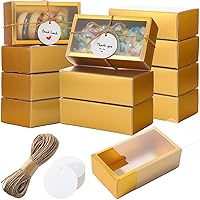 Roowest 50 Sets Kraft Gift Boxes Rectangle Kraft Paper Drawer Box with Window Homemade Soap Box with Blank Tags and Jute String for Jewelry Candy Wrapping Party Favor(Gold, 6.3 x 3.5 x 2 Inch)