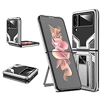 Shockproof Case for Samsung Z Flip4 5G Case Cover with Holder Kickstand, Heavy Duty Protective Bumper Armour Phone Shell with Magnetic - Silver