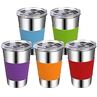 Kids Cups With Lids, 16oz Kids Water Tumbler with 5 Color Silicone Sleeves for Hot and Cold Drinks, Unbreakable Spill Proof Cups for Kids and Adults