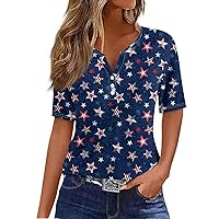 Women's T Shirt Tee Independence Day Print Button Short Vacation Trendy V Neck Boho Short Sleeve Shirts