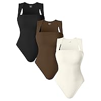 OQQ 3 Piece Bodysuits For Women Sexy Ribbed Strappy Square Neck Stretch Tank Tops Bodysuits
