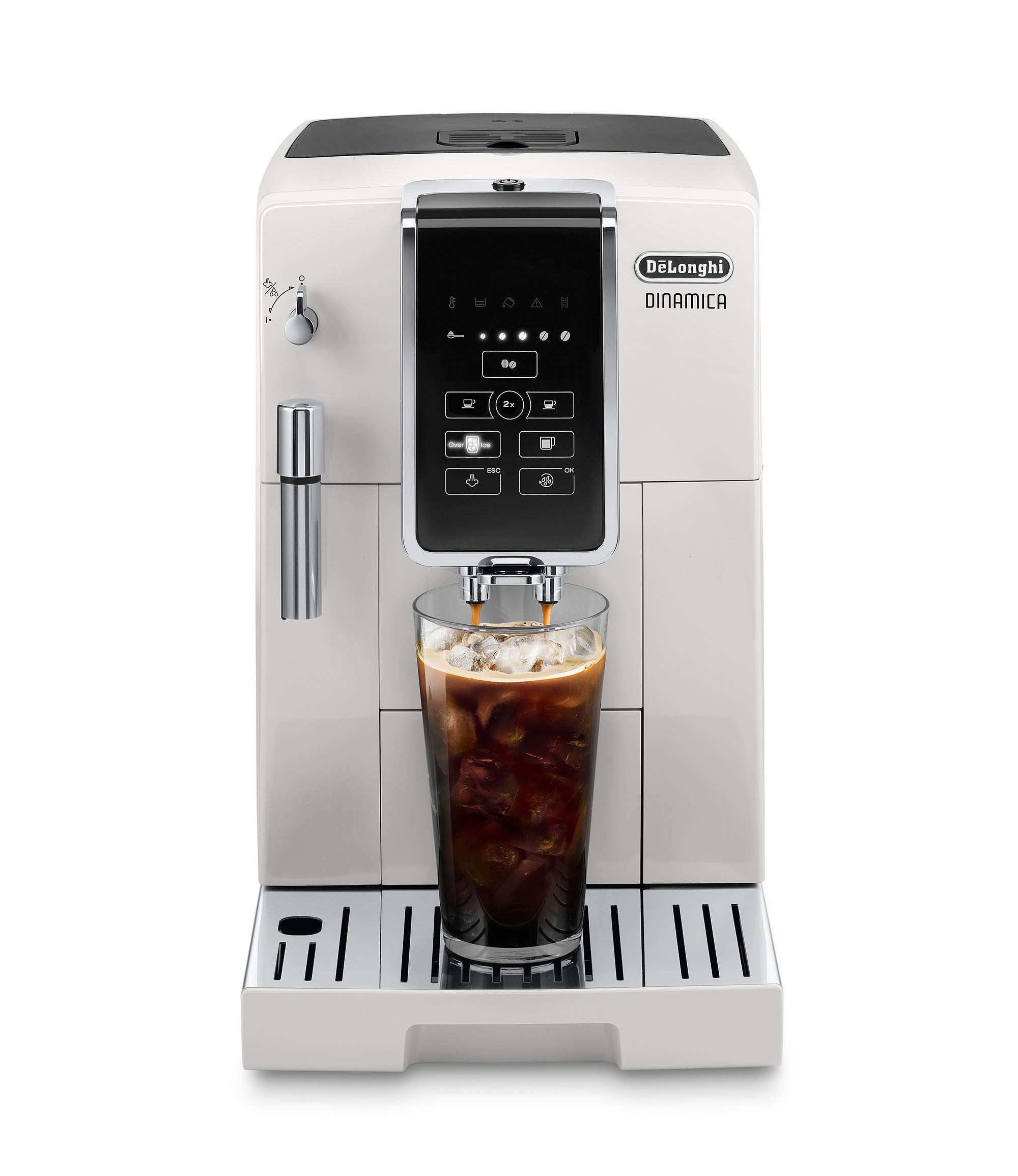 De'Longhi Dinamica Automatic Coffee & Espresso Machine, Iced-Coffee, Burr Grinder, (Renewed) (White)
