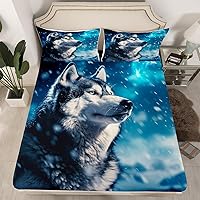 Feelyou Wolf Bedding Set Full Size for Boys Girls, Cute woles Bed Sheet Set Wolves Howling Fitted Sheet Animal Wolves Bed Cover Bed Set 3Pcs (No TOP Sheet)