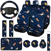 Fiada 15 Pcs Car Seat Covers Full Set Space Cat Car Accessories, Blue Cartoon Cat Car Seat Covers Steering Wheel Cover Seat Belt Pads Armrest Pad Cup Holders Keychains for Most Car Truck SUV