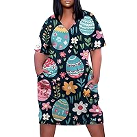 Easter Dress for Women 2024 Cute Print Casual Trendy Loose Fit with Short Sleeve V Neck Pockets House Dresses