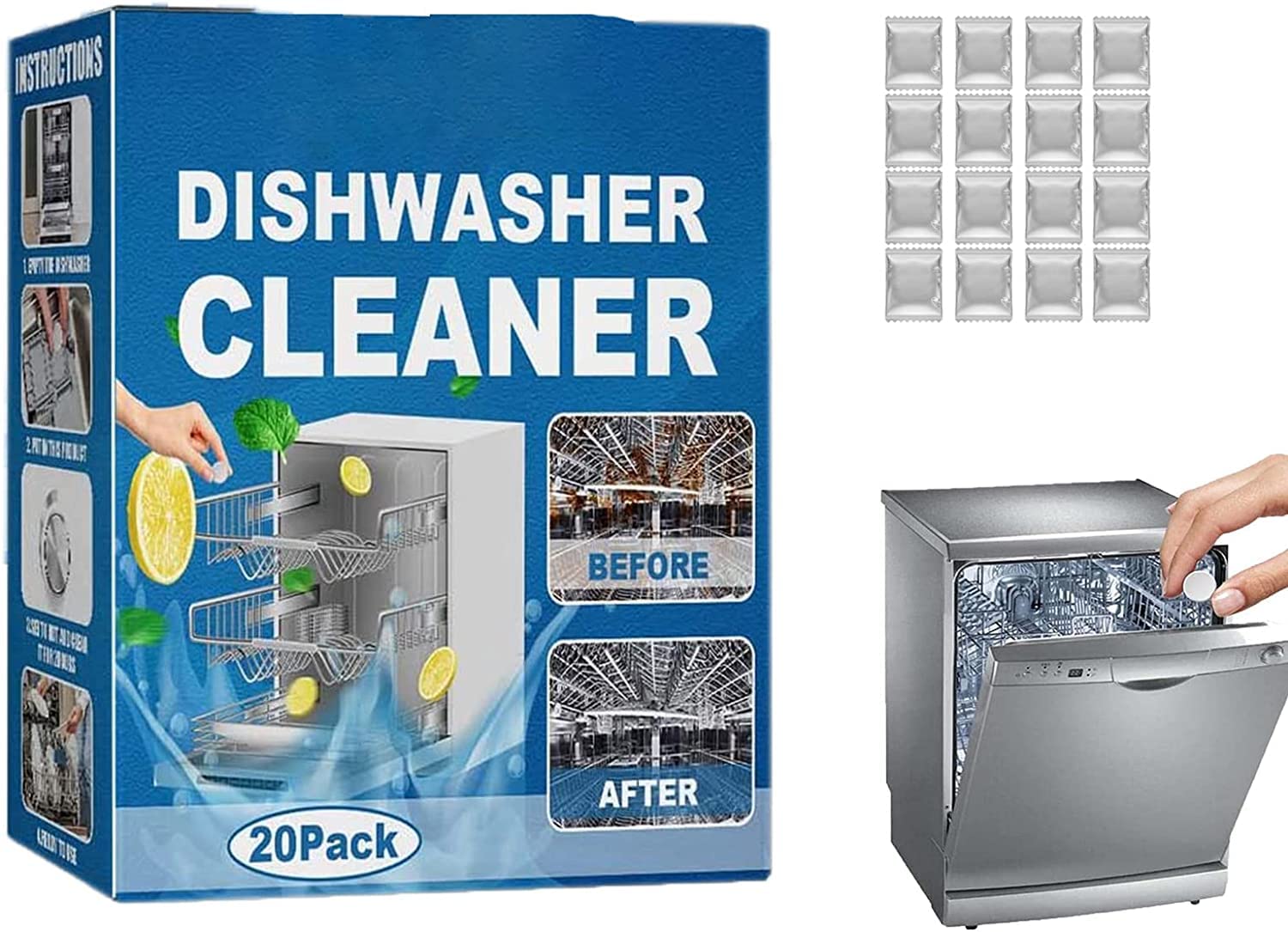 Dishwasher Tablets, Dishwasher Cleaning Tablets Removes Limescale Build Up, Highly Efficient Dishwasher Cleaner for Kitchen Tableware Care (20pc)