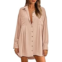 BTFBM Women's Long Sleeve Shirt Dresses Spring Summer V Neck Pleated Flowy Loose Casual Button Down Tunic Dress Pockets