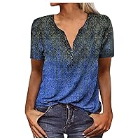 Women's Blouses and Tops Fashion Casual V-Neck Short Seeve Ethnic Printing Button Loose Top Blouses Tops