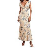 Women Boho Summer Dress Deep V Neck Sleeveless Floral Print Beach Dress Casual Flowy Long Dress Clubwear