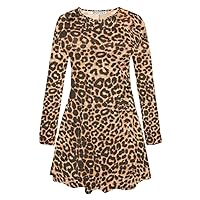 Womens Leopard Printed Long Sleeve Flared Swing Dress Skater Mini Top Plus Size