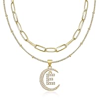 Bivei Crescent Moon Initial Necklaces for Women 14K Gold Plated Layered Chain Letter Pendant Cubic Zirconia Necklace Dainty Jewelry Gift for Her