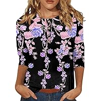 3/4 Sleeve Shirts for Women V Neck Floral Printed Button Down Neck Tops Fashion Retro Holiday Oversized Blouse