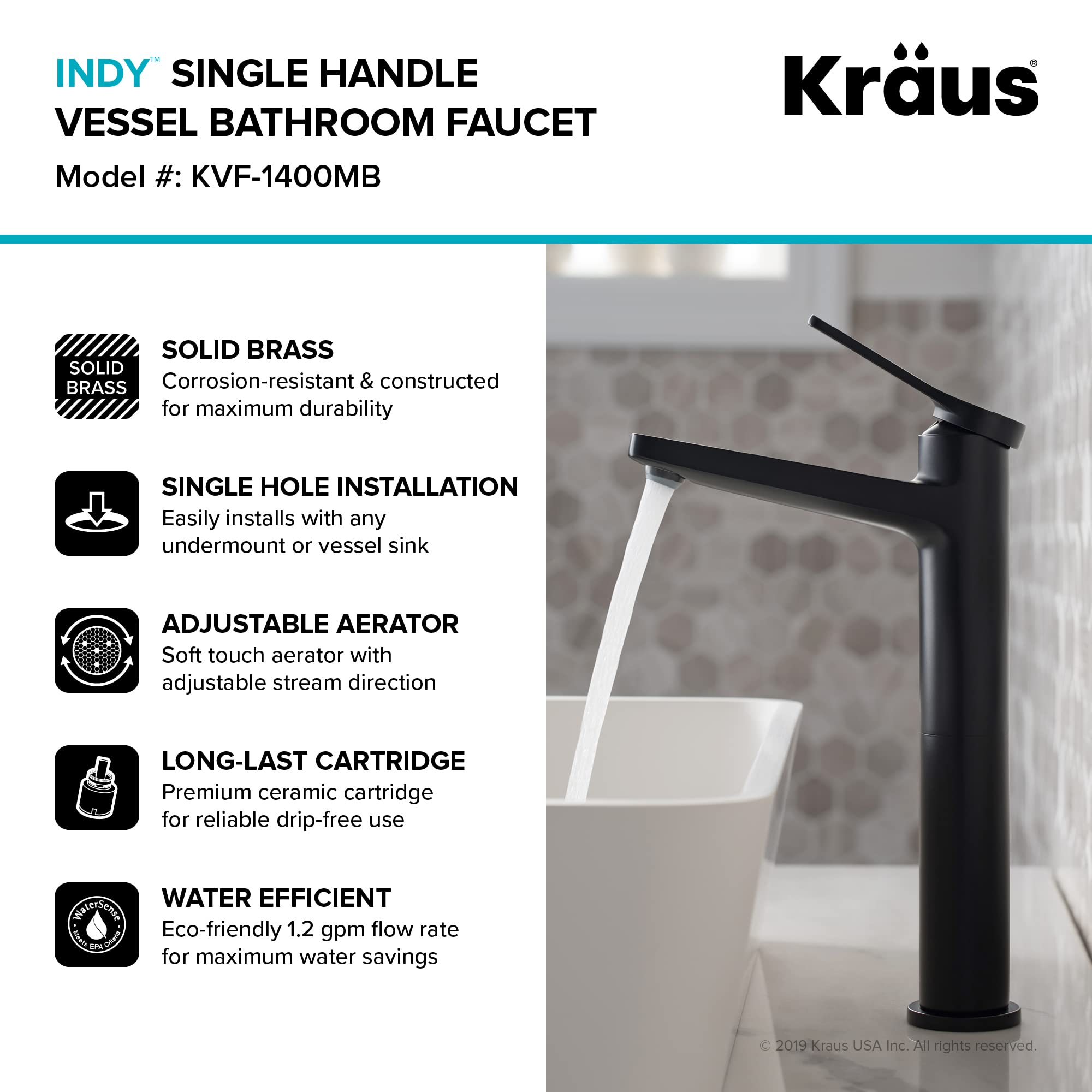 Kraus KVF-1400MB Indy Single Handle Vessel Bathroom Faucet, Matte Black