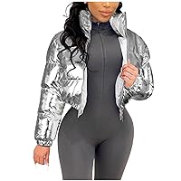 Womens Cropped Puffer Jacket Casual Fashion Metallic Texture Parkas Outerwear Zipper Long Sleeve Winter Bubble Coats