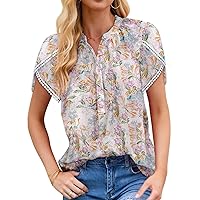 Dokotoo Womens Tops Summer Casual Boho Floral Print Short Sleeve Half Button Down V Neck Chiffon Blouses Shirts