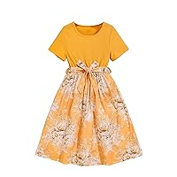 OYOANGLE Girl's Summer Casual Dress Short Sleeve Bow Belted A-Line High Waist Smocked Short Dress