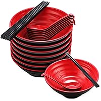 8 Sets Japanese Style Ramen Bowls Melamine Udon Noodle Bowls Red and Black Large Pho Bowls Asian Chinese Soup Bowl Sets with Ramen Spoons Chopsticks for Kitchen Restaurant Cuisine Rice Thai Miso