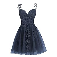 Junior's Spaghetti Straps Tulle Homecoming Dresses Short Lace Applique Prom Cocktail Dress 2023 for Teens MA12