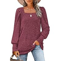 WIHOLL Long Sleeve Shirts for Women Trendy Casual Square Neck Tops Lightweight Sweaters