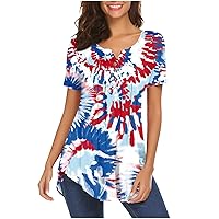 America Shirt, Women's Summer Tops Casual Fashion Short Sleeve V Neck T-Shirts Oversized American Flag Print Tops