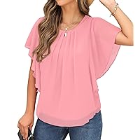 QIXING Summer Casual Loose Round Neck Chiffon Flowy Tops Blouses for Women