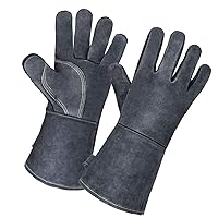 OZERO 932℉ Forge Welding Gloves 14-inch Heat Resistant Leather Grill BBQ Glove with Flame Retardant Long Sleeve and Insulated Lining for Men and Women Gray