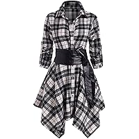 Women's Roll-Up Sleeve Removable Belt Handkerchief Hem Midi Plaid Shirt Dress