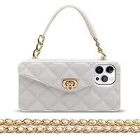 for iPhone 13 Pro Max Handbag Case with Flip Card Holder Wrist Lanyard Strap Soft Silicone Cover for iPhone 13 Pro Max Wallet Case for Women Luxury Stylish Long Pearl Crossbody Chain Case White