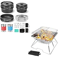 Odoland 15pcs Camping Cookware Mess Kit and Folding Campfire Grill for Outdoor Backpacking Hiking BBQ