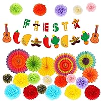 43PCS Fiesta Party Cinco de Mayo Party Decorations Set Mexican Party Birthday Party Supply Colorful Tissue Pom Poms Hanging Paper Fans Banner