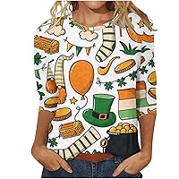 St Patricks Day Shirts for Women 3/4 Length Sleeve Funny Shamrock Print Crewneck Green T-Shirt Casual Dressy Blouses
