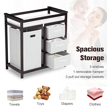 KINBOR BABY Changing Table Infant Diaper Station Nursery Organizer with Hamper and 3 Baskets