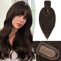 RUWISS Human Hair Topper with Bangs Crown Topper Hair Pieces for Women Short Wiglet Topper for Thinning Hair 7.5 * 13CM Silk Base 100% Real Human Hair Clip in Topper 10Inch 35g（Dark Brown）
