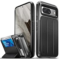 VENA vCommute Wallet Case Compatible with Google Pixel 8 (2023), (Military Grade Drop Protection) Flip Leather Cover Card Slot Holder with Kickstand - Space Gray/Black
