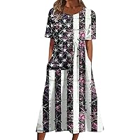 Summer Dresses for Women 2023 Trendy Plus Size Crewneck Floral Dresses Short Sleeve Midi Casual Loose T Shirt Dress