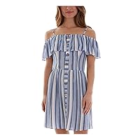 Womens Blue Cold Shoulder Ruffled Tie Buttoned Striped Flutter Sleeve Square Neck Short Fit + Flare Dress Juniors L