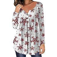 Women Christmas Open Button Henley Shirt Snowflake Print Long Sleeve Tunic Tops for Leggings Loose Pleated Hide Belly Blouse