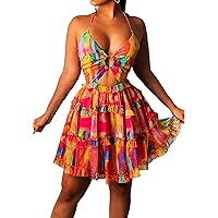 Womens Summer Backless Spaghetti Strap Dress Sexy Cutout Ruffle Tiered A Line Dress Babydoll Skater Sundress