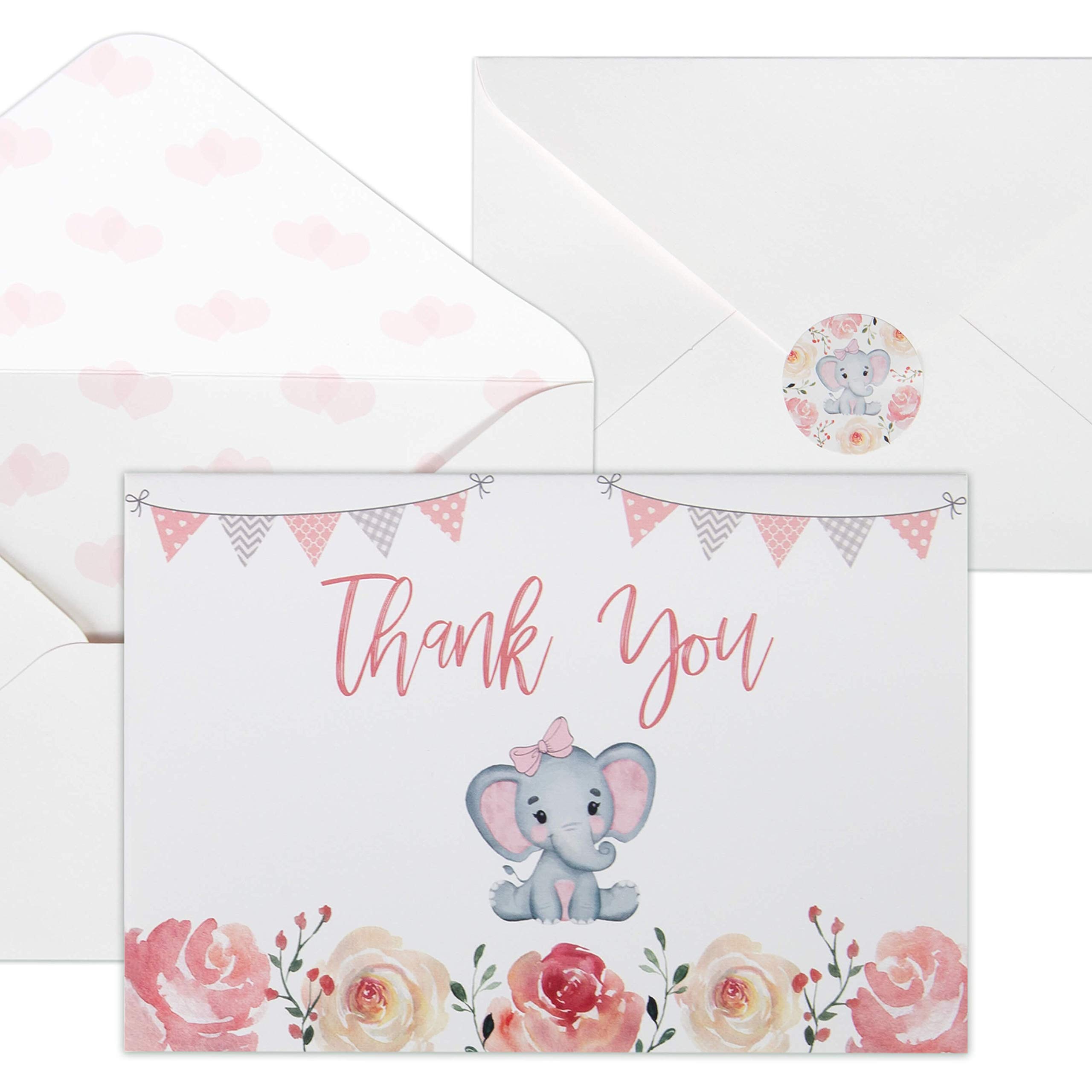 VNS Creations Baby Shower Thank You Cards for Girls. 50 Pack Pink Watercolor Elephant Baby Girl Cards. Cute Thank You Notes with Envelopes & Stickers.