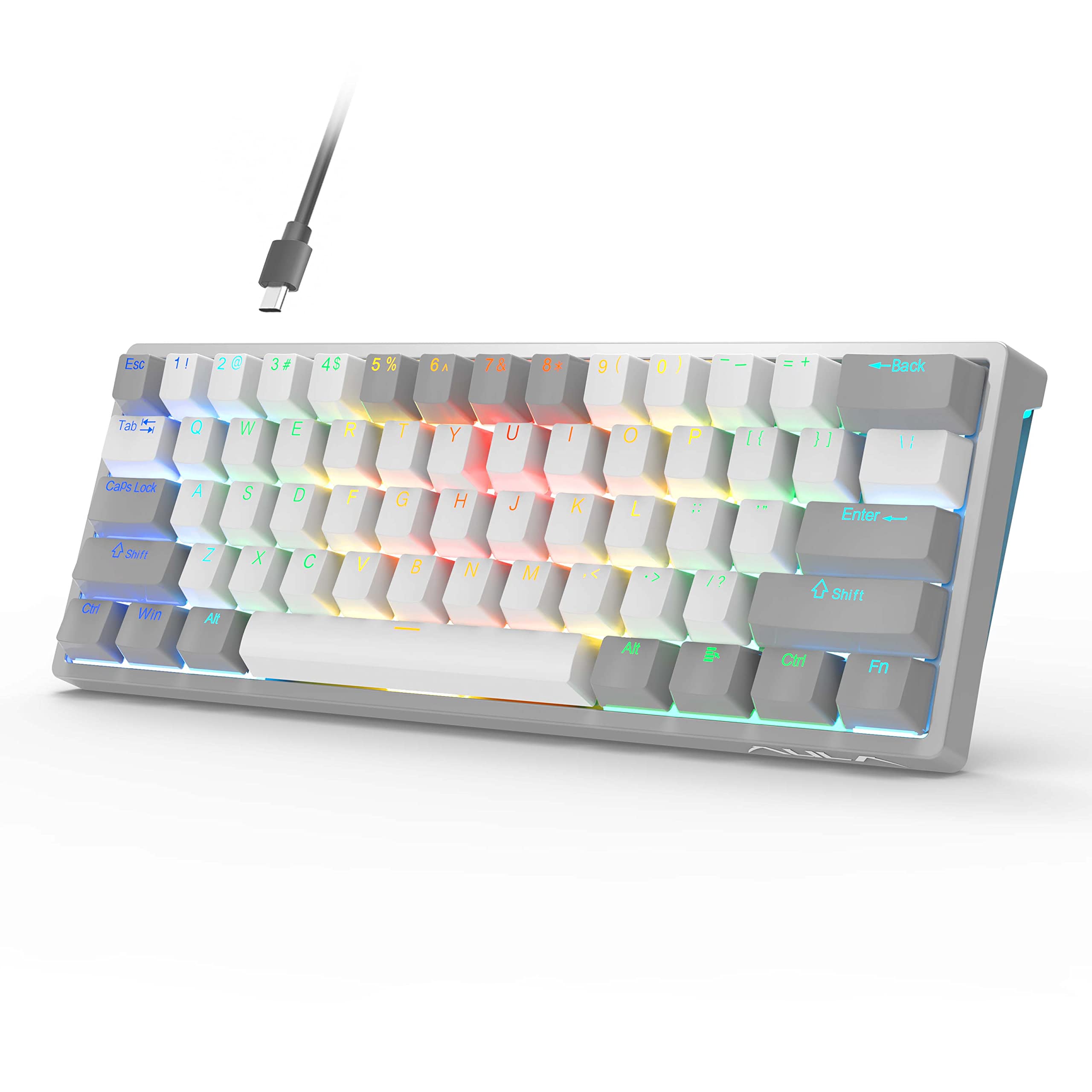 AULA Mechanical Keyboard 60 Percent 29 RGB PC Gaming Keyboards 60 Percent, Mini Compact Low Profile Keyboard, Hot Swappable Mechanical Keyboard with Red Switches-Grey&White