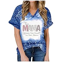 This Mama Wears Her Heart on Her Sleeve,Womens Letter Print Tie Dye T-Shirts Summer Casual Loose Fit V Neck Short Sleeve Tops