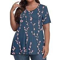 Womens Plus Size Tops Short Sleeve Crewneck Shirts Casual Loose Floral Print Spring and Summer Blouses
