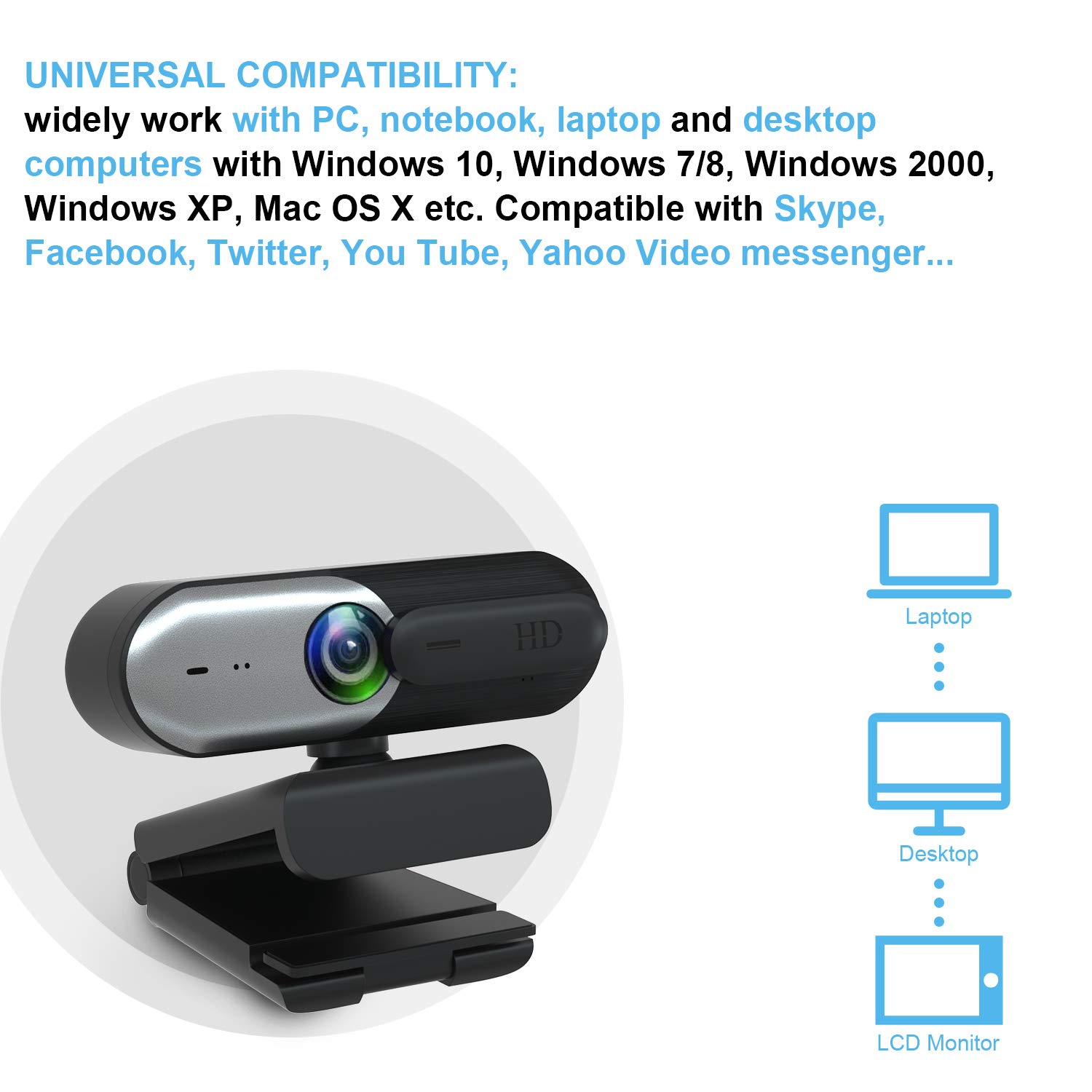 EACH AutoFocus Full HD Webcam 1080P with Privacy Shutter - with Dual Digital Microphone - CA602 Black Grey USB Computer Camera for PC Laptop Desktop Mac Video Calling, Conferencing Skype YouTube