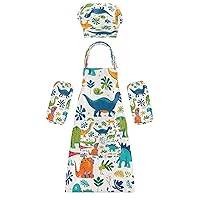 Cute Dinosaur 3 Pcs Kids Apron Toddler Chef Painting Baking Gardening (with Pockets) Adjustable Artist Apron for Boys Girls-S
