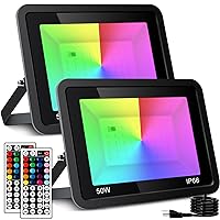 RGB LED Flood Light, 500W Equivalent 5000LM Color Changing Party Stage Landscape Lighting with 44-Key Remote Control, IP66 Waterproof DIY Scenes Timing Uplights Indoor Outdoor (2 Pack)