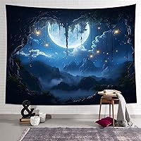 QGHOT Nature Tapestry, Mountain Full Moon Tapestry Wall Hanging, Landscape Blue Sky Starry Night Wall Tapestry for Bedroom Living Room Dorm Apartment Moon Forest Wall Art Decor (A,37x29 inch)