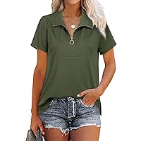 MCKOL Women's Loose Fit Short Sleeve Zipper Tops and Blouses Casual Collared Tunic Shirt